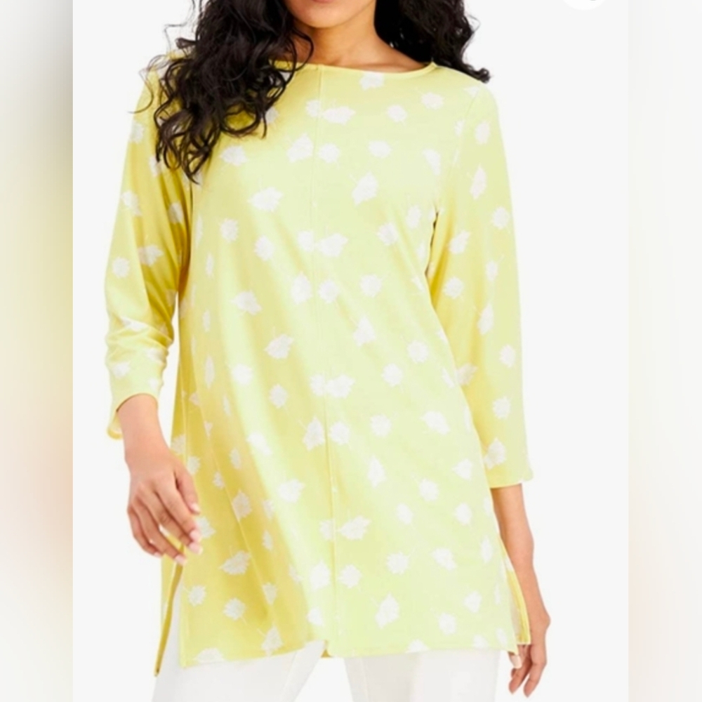 ALFANI Womens Yellow Floral Long Sleeve Boat Neck Top Large